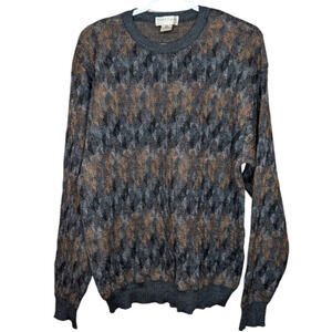 Vintage Knit Wool Crew Neck Grey & Brown Patterned Sweater Mens Large Grandpa